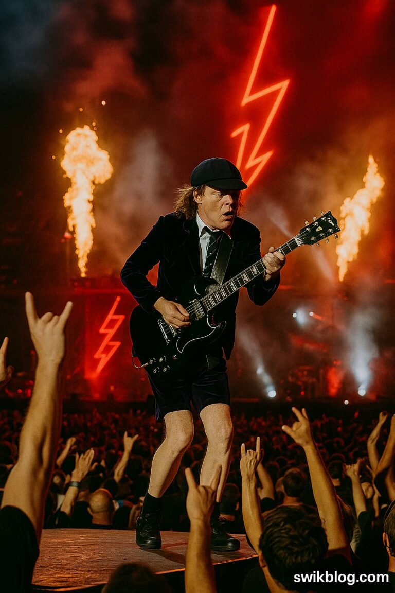 AC/DC performing the Power Up Tour live at Accor Stadium Sydney 2025 with lightning visuals and a roaring crowd