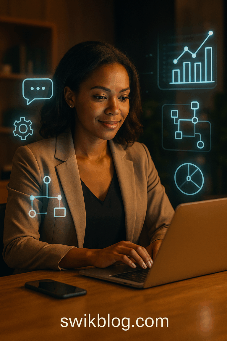 Woman entrepreneur using AI tools on laptop for Women’s Entrepreneurship Day 2025.