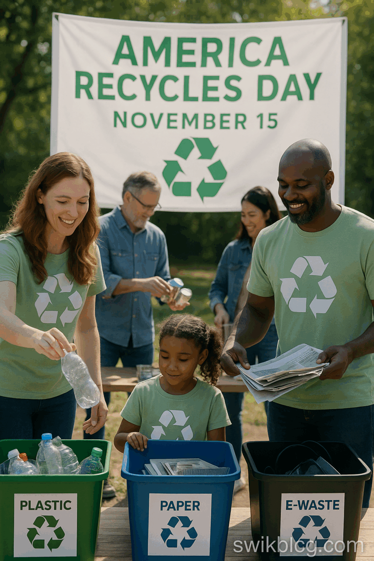 People participating in America Recycles Day 2025 by sorting plastic, paper, and e-waste at a community recycling event.