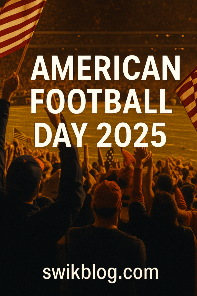 A packed American football stadium glowing under bright night lights, with cheering fans waving U.S. flags as a football soars through the air.