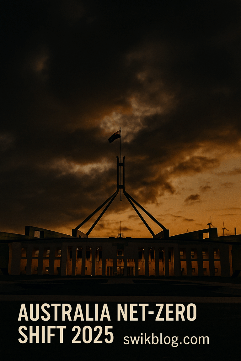 Australia’s Parliament House under dramatic sky representing 2025 net-zero policy shift.
