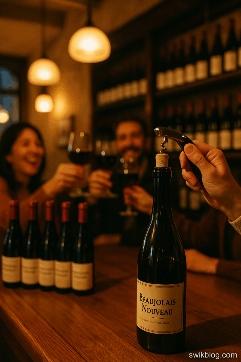 Celebration of Beaujolais Nouveau Day in a French wine bar with people raising glasses in warm evening light