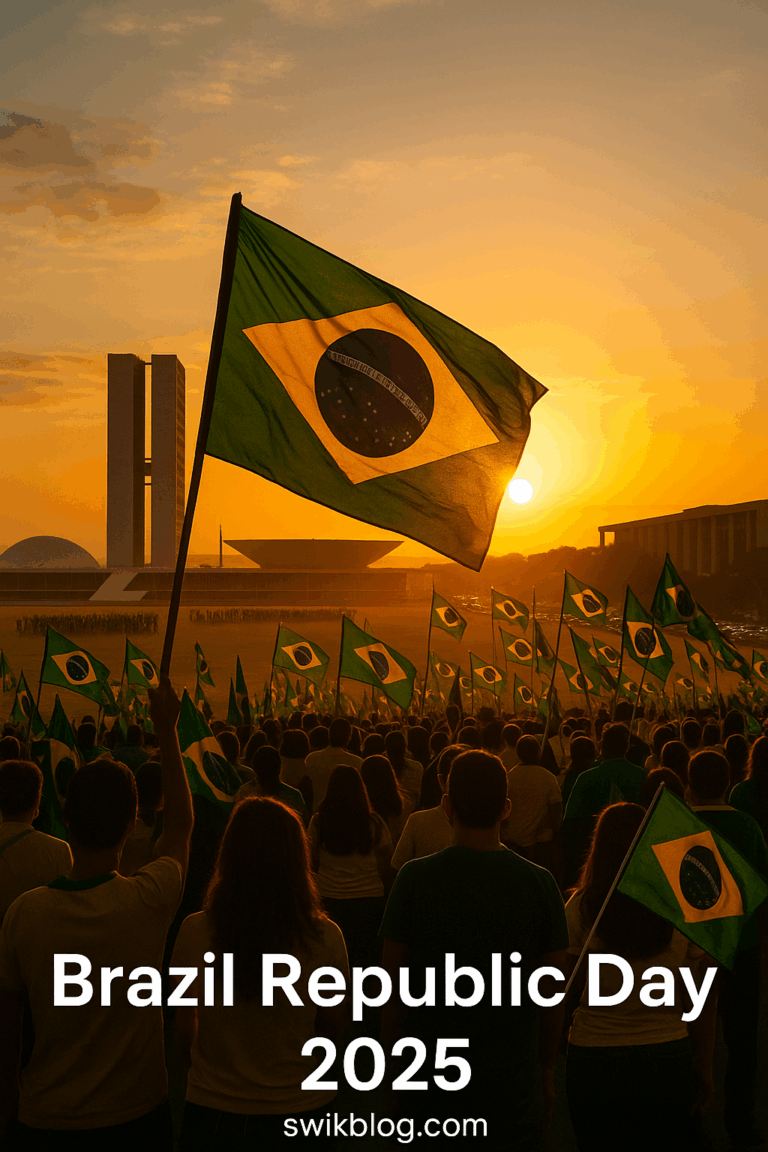 Citizens celebrating Brazil Republic Day 2025 at Brasília’s Praça dos Três Poderes with flags and sunrise in the background.