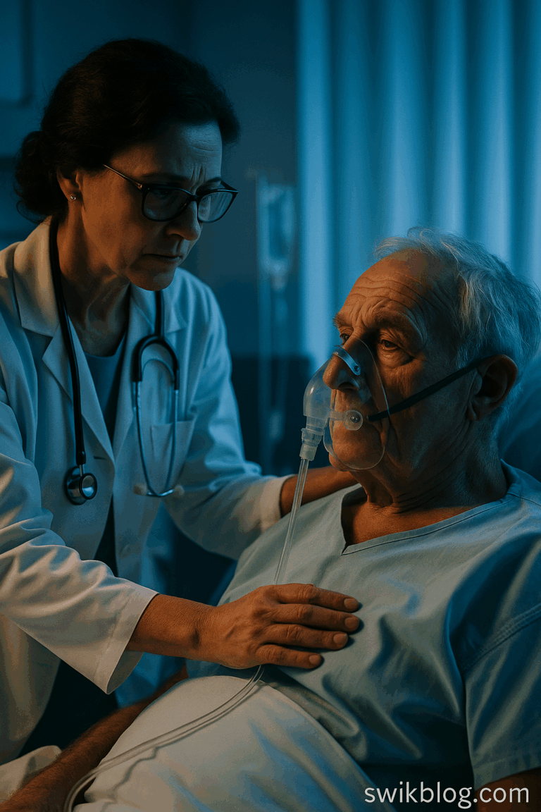 Doctor treating COPD patient during winter respiratory spike 2025 in hospital ward.