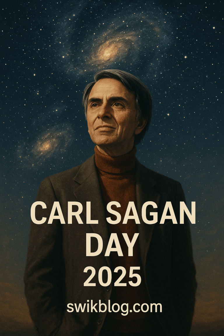 Carl Sagan under a starry night sky celebrating Carl Sagan Day 2025 – swikblog.com