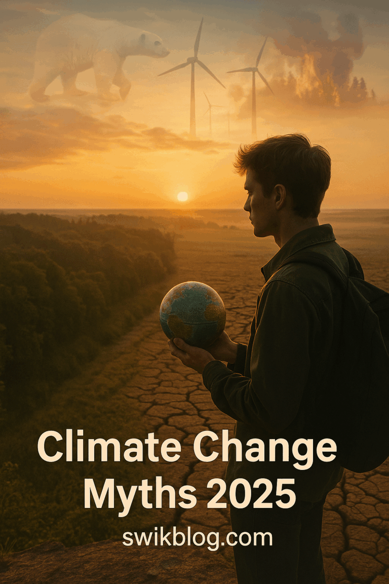 A symbolic image representing truth versus fear in climate change—showing nature’s contrast between renewal and crisis under sunrise light.