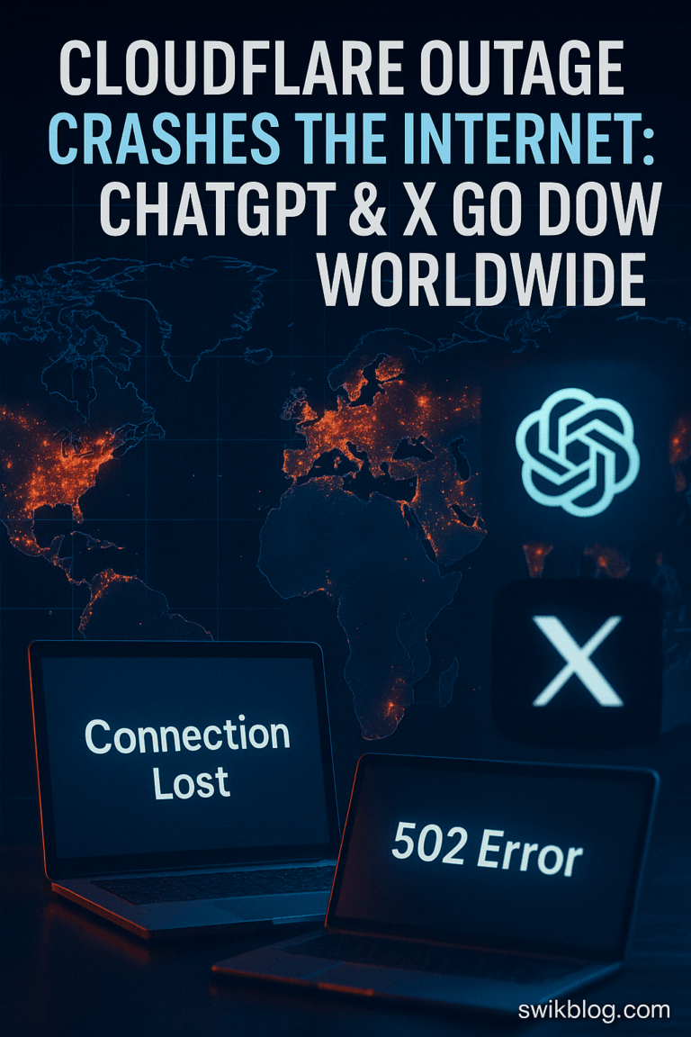 “Global internet outage map with error screens representing the Cloudflare outage that took down ChatGPT and X worldwide in November 2025.”