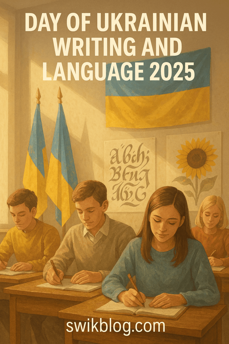 “Ukrainian students writing together in a sunlit classroom decorated with blue and yellow national flags and calligraphy posters, celebrating the Day of Ukrainian Writing and Language 2025 — swikblog.com.