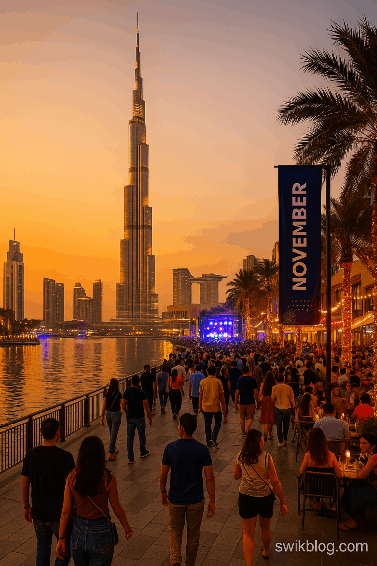 “Crowds walking along Dubai’s waterfront promenade at sunset with the Burj Khalifa in the background, festival lights, event banners and a live concert stage during November events.”