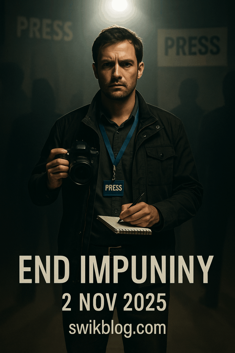 Journalist holding camera under light symbolising protection and truth on International Day to End Impunity for Crimes against Journalists 2025 – swikblog.com.”