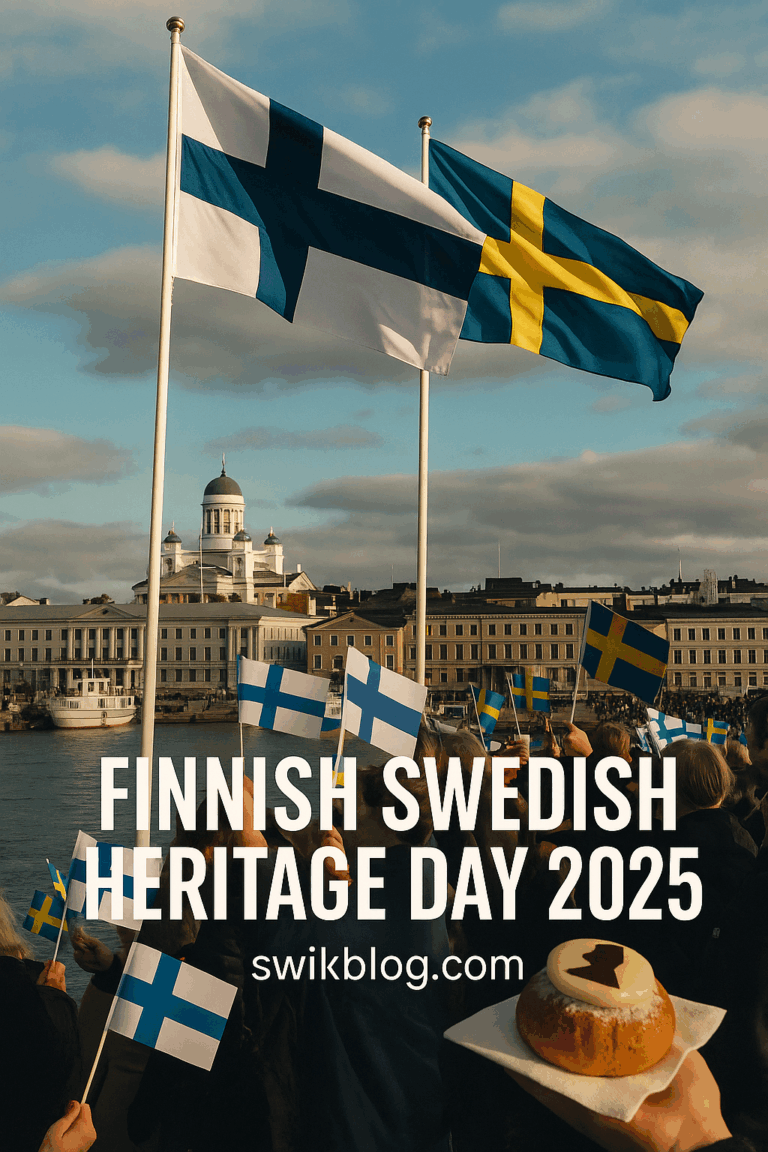 Alt text: Finnish and Swedish flags flying together in Helsinki on Finnish Swedish Heritage Day 2025.