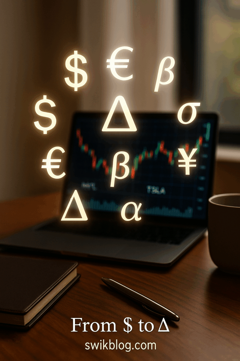 Digital financial symbols including $, €, £, and Δ displayed over a modern desk setup representing the hidden language of finance – swikblog.com