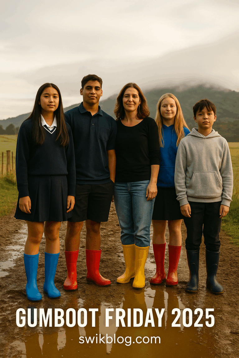 “New Zealand students and workers wearing colourful gumboots on muddy path for Gumboot Friday 2025 mental-health awareness – swikblog.com.