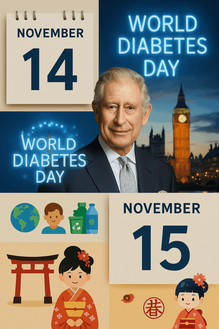 âCollage showing November 14 and 15 events including World Diabetes Day, King Charles III, and Shichi-Go-San celebrations.â