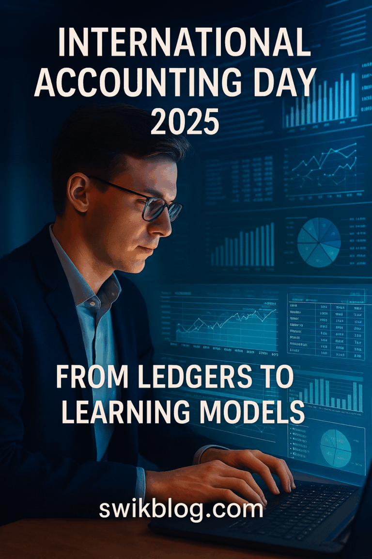 Modern accountant using AI-powered financial dashboards – International Accounting Day 2025 – From Ledgers to Learning Models – swikblog.com