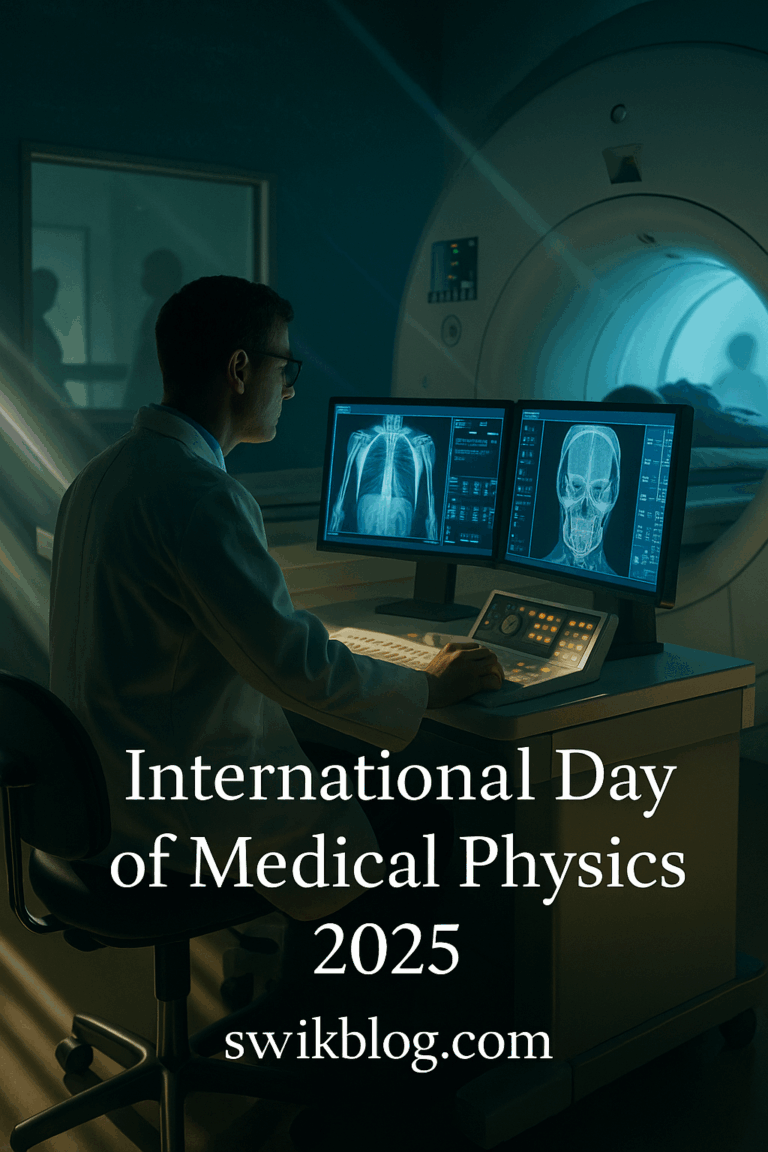 A medical physicist adjusting MRI equipment with glowing anatomy scans on screens during International Day of Medical Physics 2025 – swikblog.com.