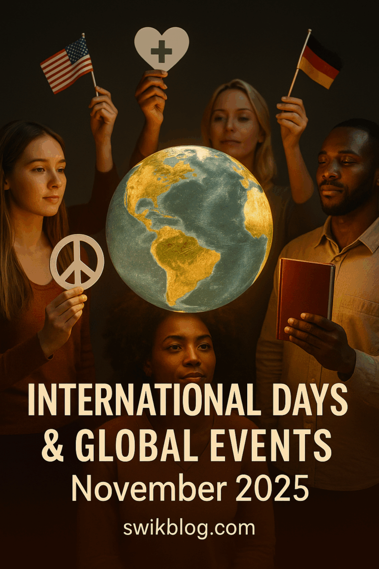 People from different countries standing around a glowing Earth, holding symbols of peace, health, and education, with small national flags and soft cinematic lighting; text overlay reads “International Days & Global Events – November 2025 – swikblog.com.”