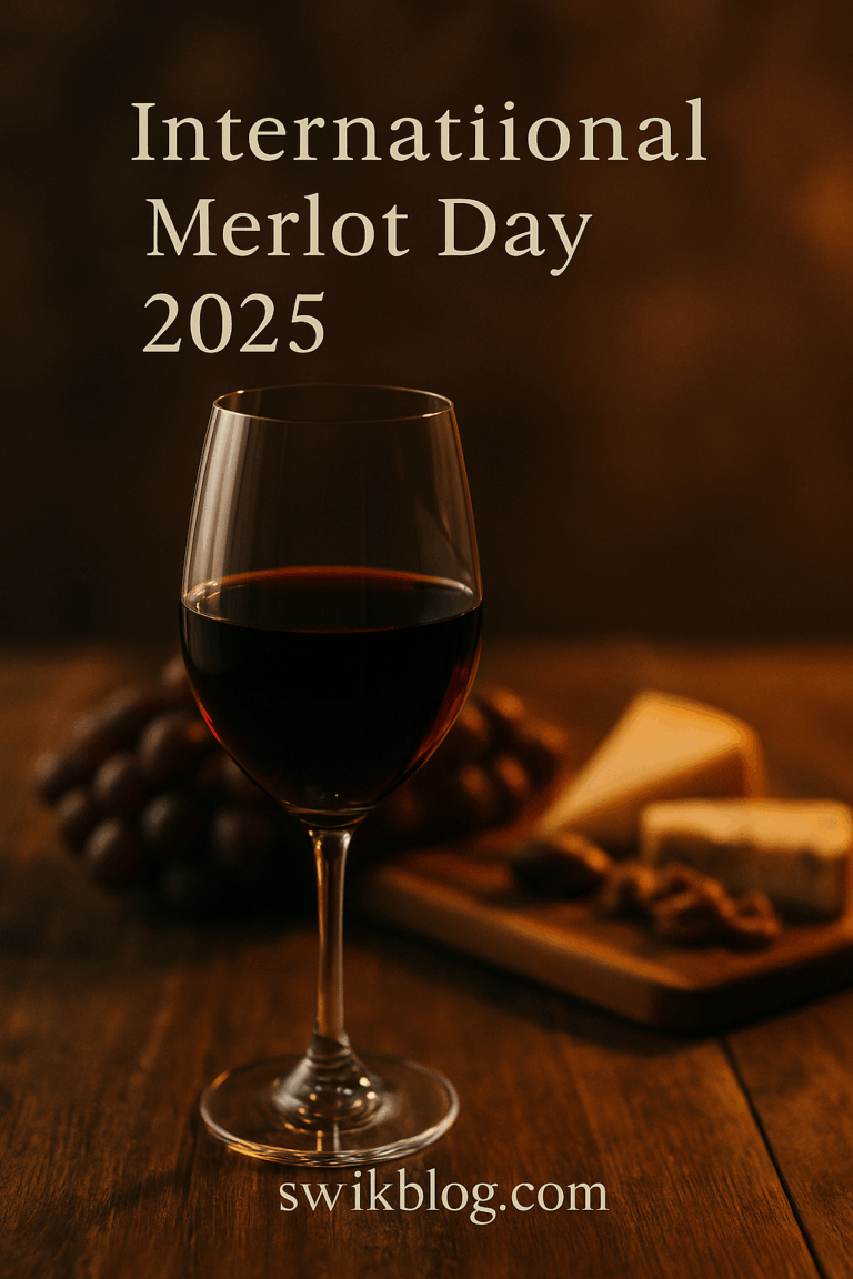 A glass of Merlot wine with grapes and cheese platter celebrating International Merlot Day 2025 – swikblog.com.