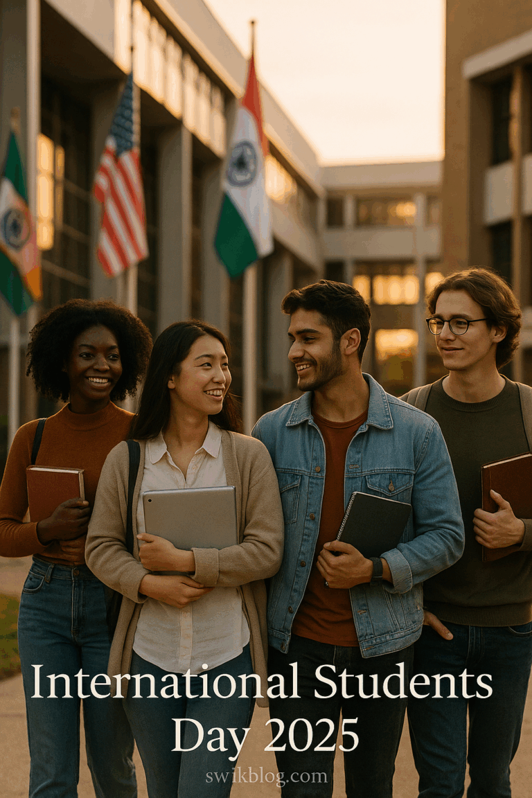 Diverse international students walking together on campus for International Students Day 2025