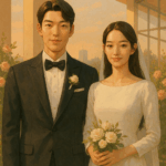 Illustrated portrait of Kim Woo-bin and Shin Min-ah at an elegant Seoul wedding venue for their 2025 wedding announcement.