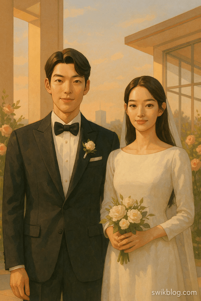 Illustrated portrait of Kim Woo-bin and Shin Min-ah at an elegant Seoul wedding venue for their 2025 wedding announcement.