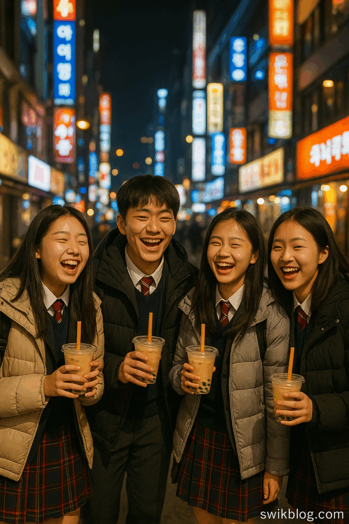 Korean students celebrating on a Seoul street after the SUNEUNG exam, reflecting Korea’s post-exam culture on November 18