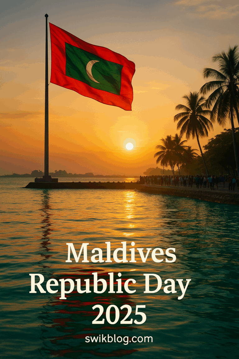 Maldivian flag waving at sunrise over turquoise lagoon during Republic Day 2025 celebrations in Malé, symbolizing national freedom and unity.