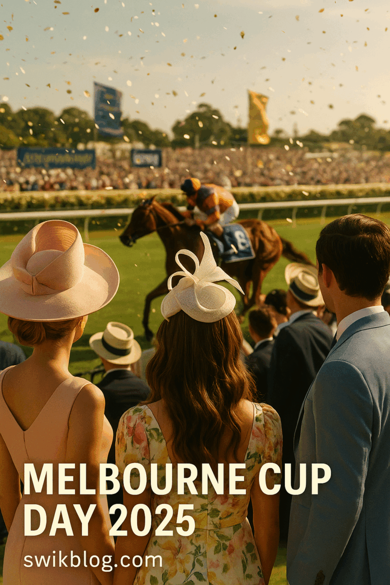 “Melbourne Cup Day 2025 horse race at Flemington Racecourse, with cheering crowd, fashion, and golden sunlight — swikblog.com”