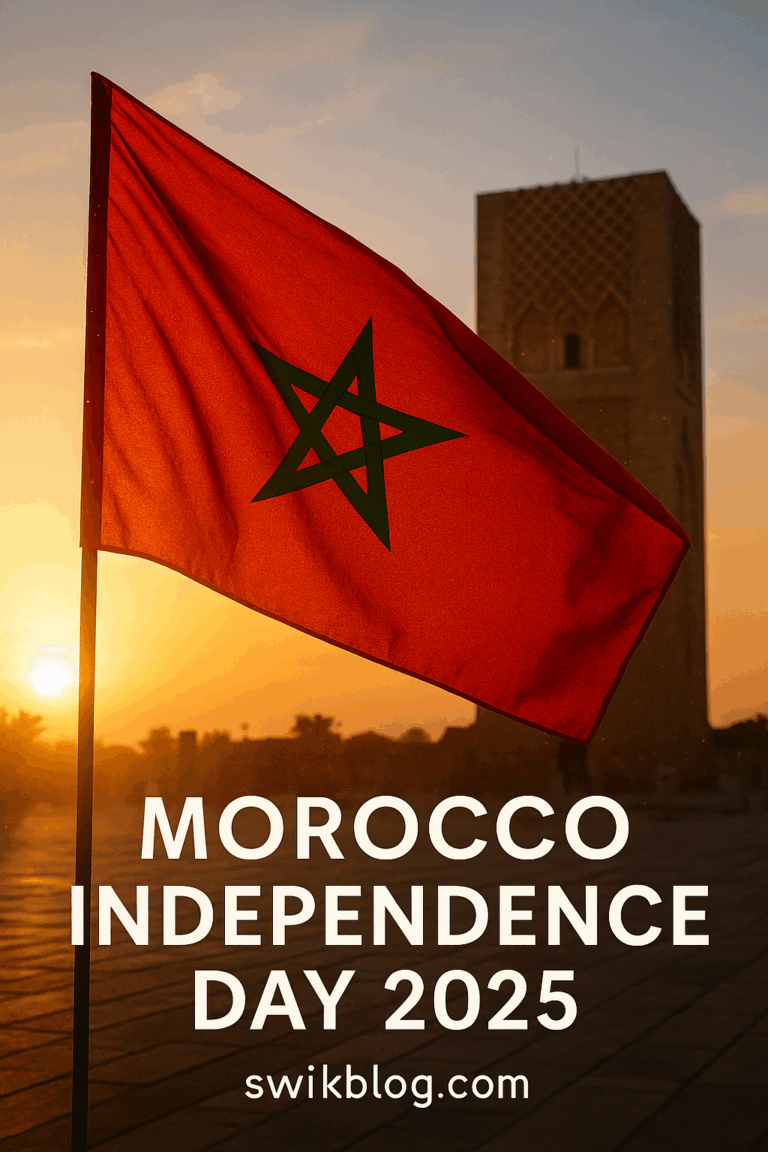 “Moroccan flag waving at sunrise in front of the Hassan Tower in Rabat with text ‘Morocco Independence Day 2025’ and swikblog.com at the bottom.”