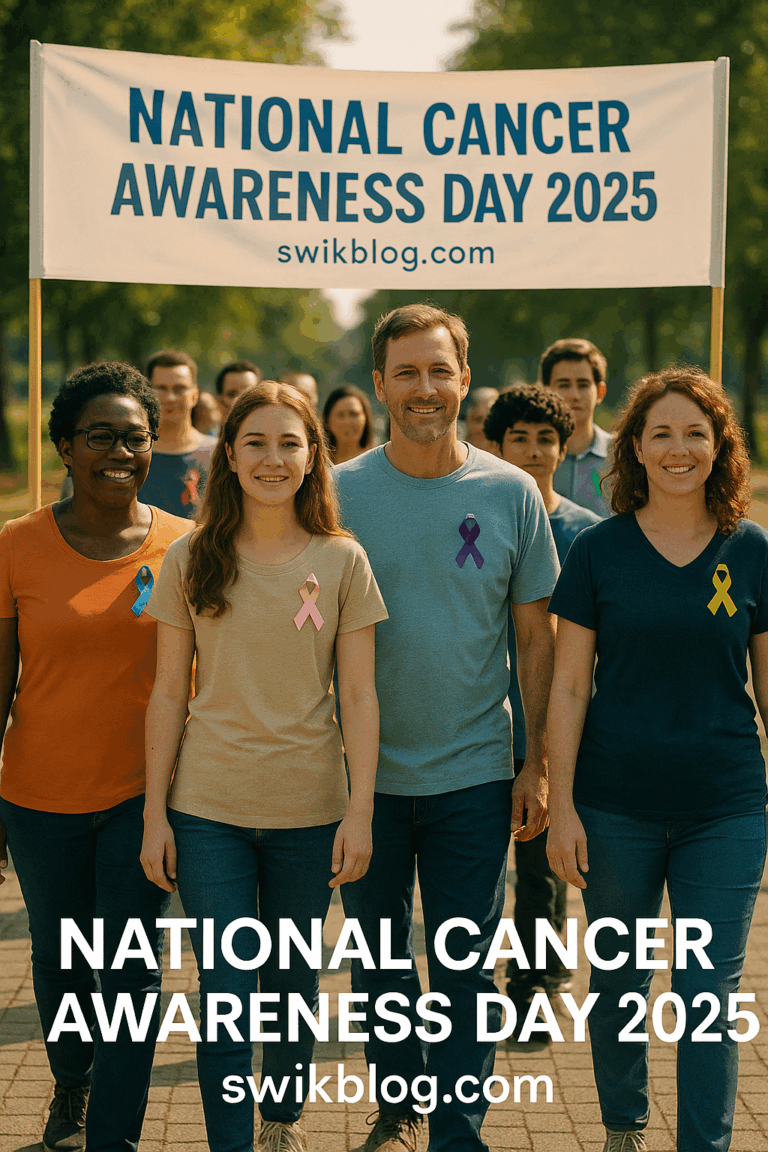 A diverse group of adults and teenagers participating in a community health awareness walk wearing colorful cancer ribbons under a banner reading “National Cancer Awareness Day 2025 – swikblog.com” in bright daylight, promoting unity and prevention.