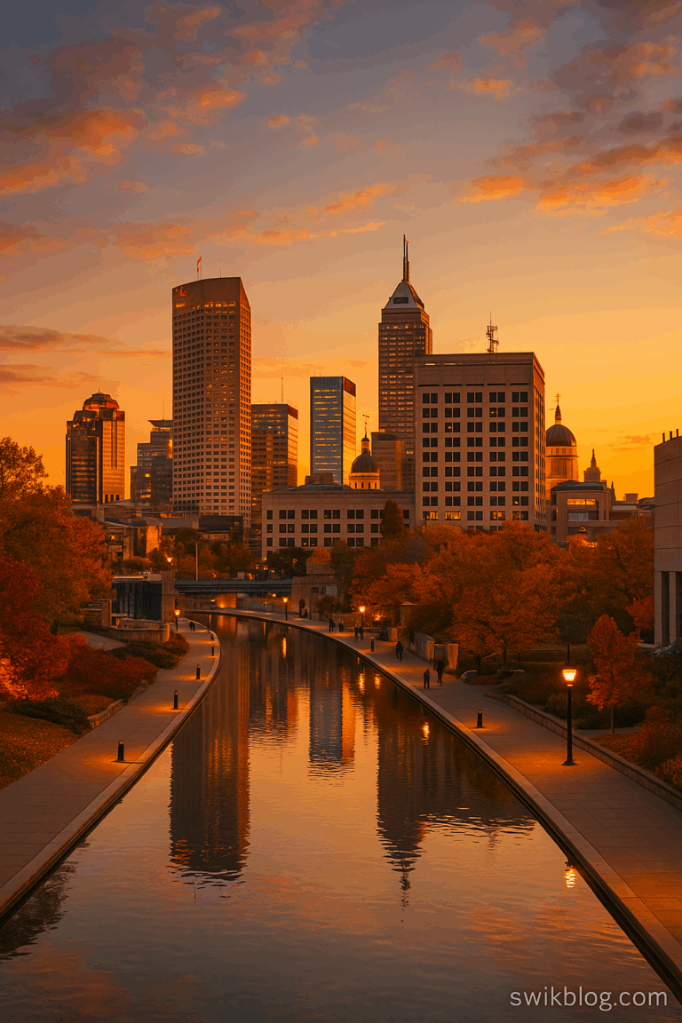 Indianapolis skyline at sunset during National Indiana Day 2025