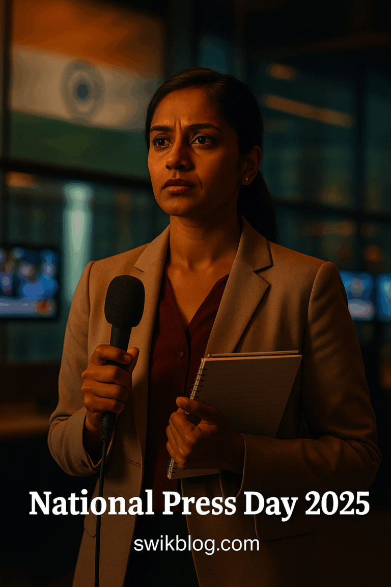 Indian journalist in newsroom on National Press Day 2025 holding microphone and notepad.
