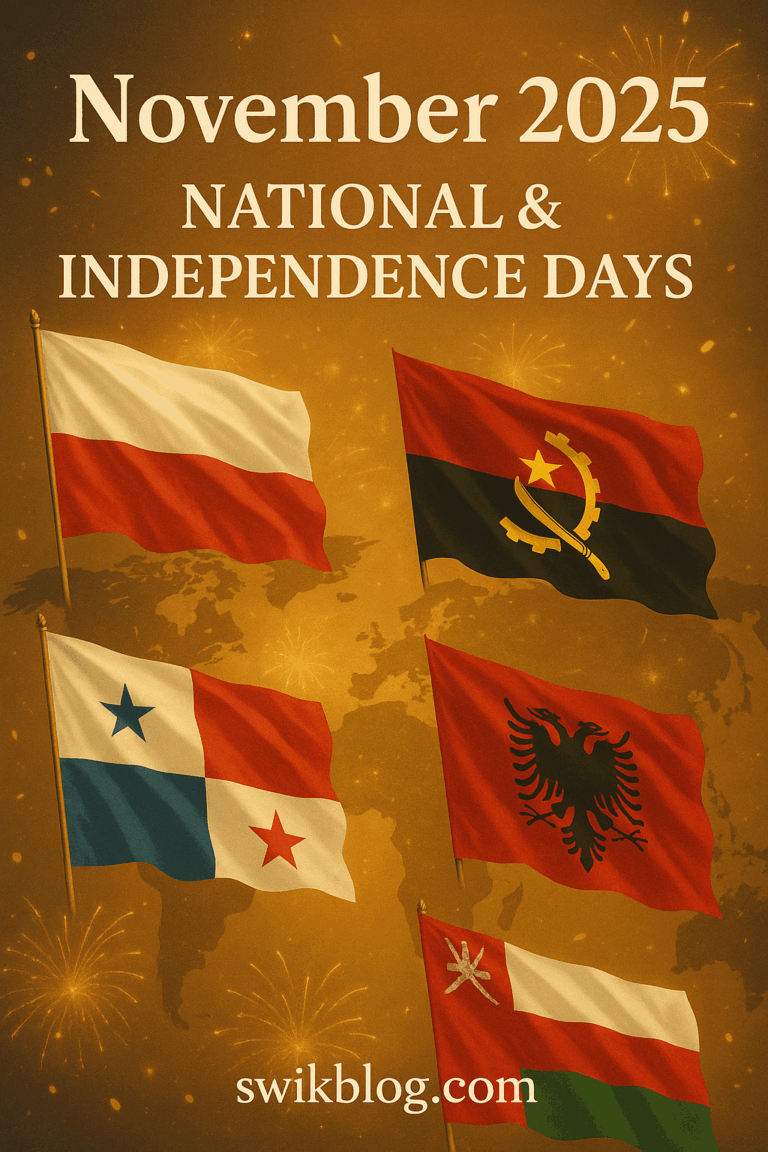 Flags of Poland, Angola, Albania, Panama, and Oman on a glowing world map representing National and Independence Days in November 2025 – swikblog.com.