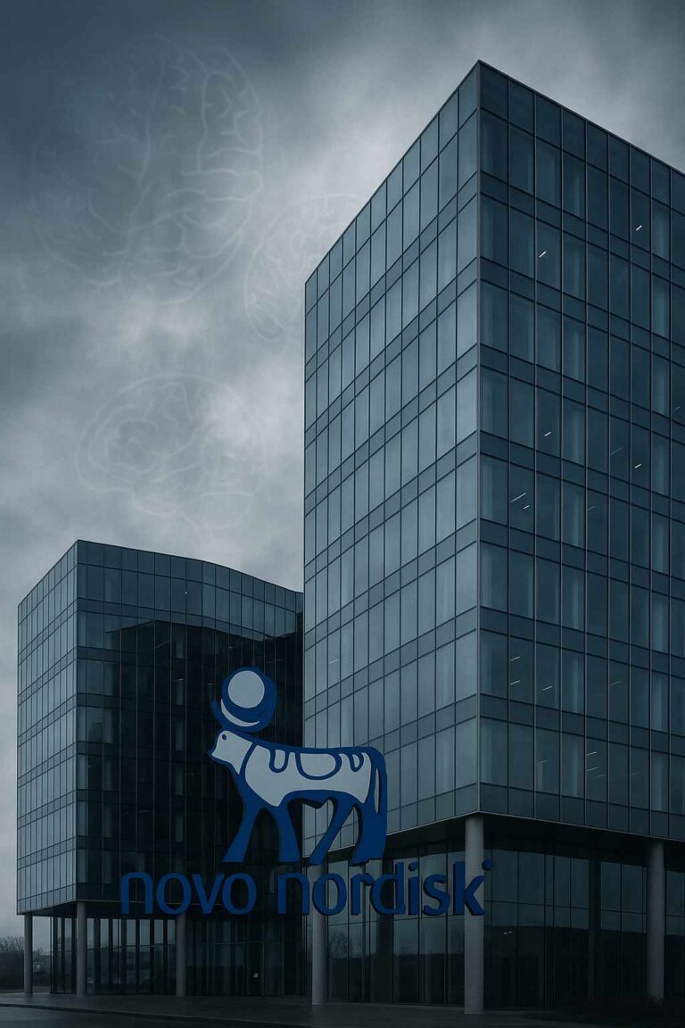 “Novo Nordisk headquarters under grey cloudy sky, symbolic brain graphics in background during Alzheimer’s trial news.”