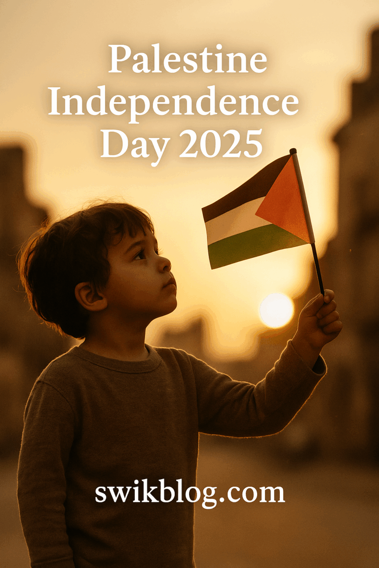 Child holding Palestine flag at sunset on Palestine Independence Day 2025-swikblog