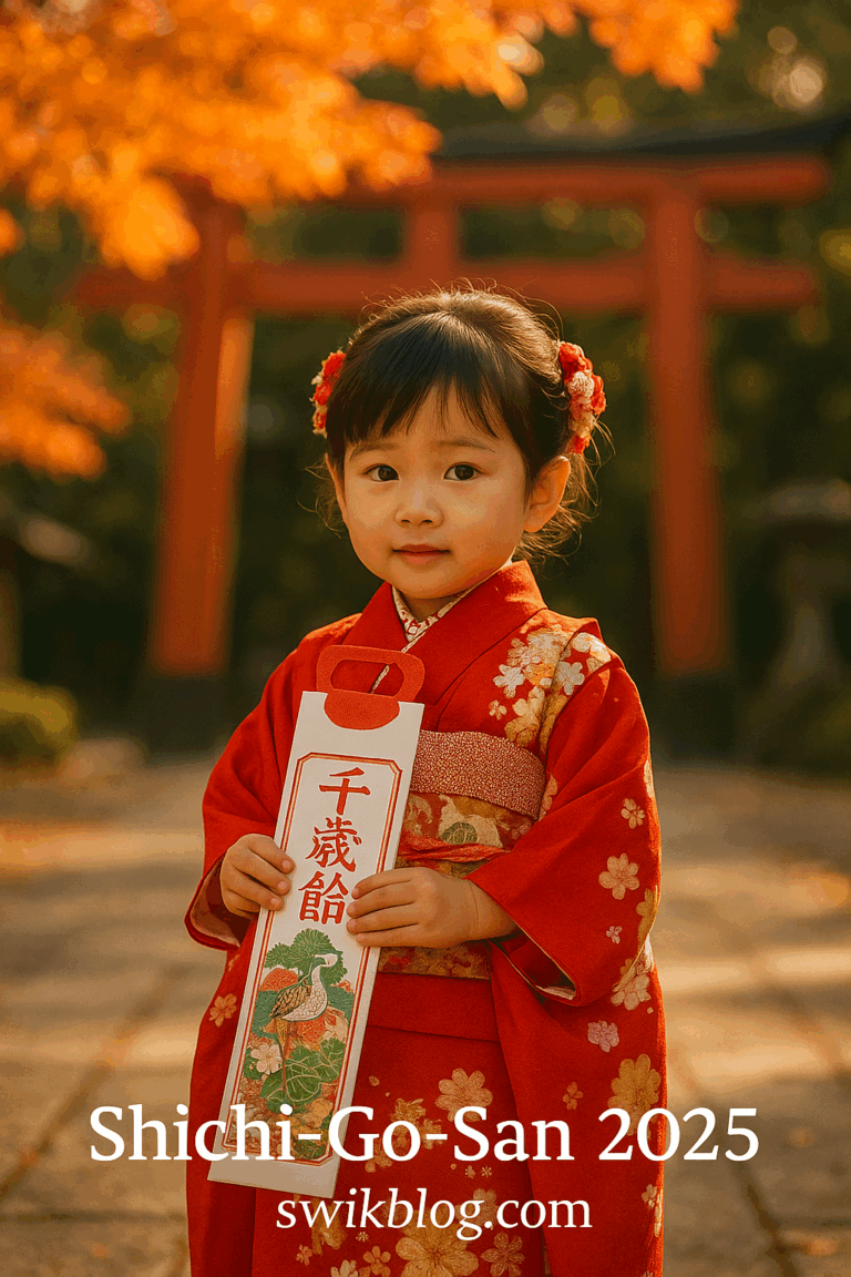 “Japanese girl in a red kimono celebrating Shichi-Go-San at a Shinto shrine with autumn leaves.”