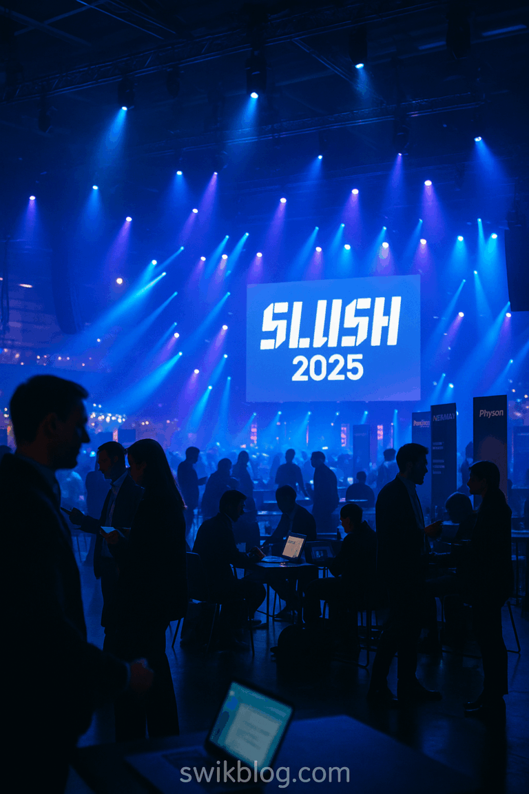 Founders and investors networking at Slush 2025 in Helsinki with a glowing tech conference stage in the background