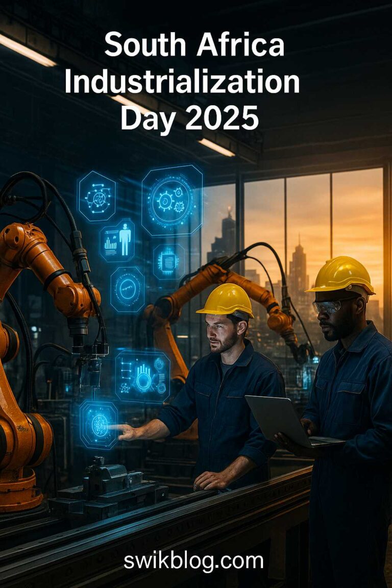 Factory robots and South African workers in a smart factory with AI systems during South Africa Industrialization Day 2025.
