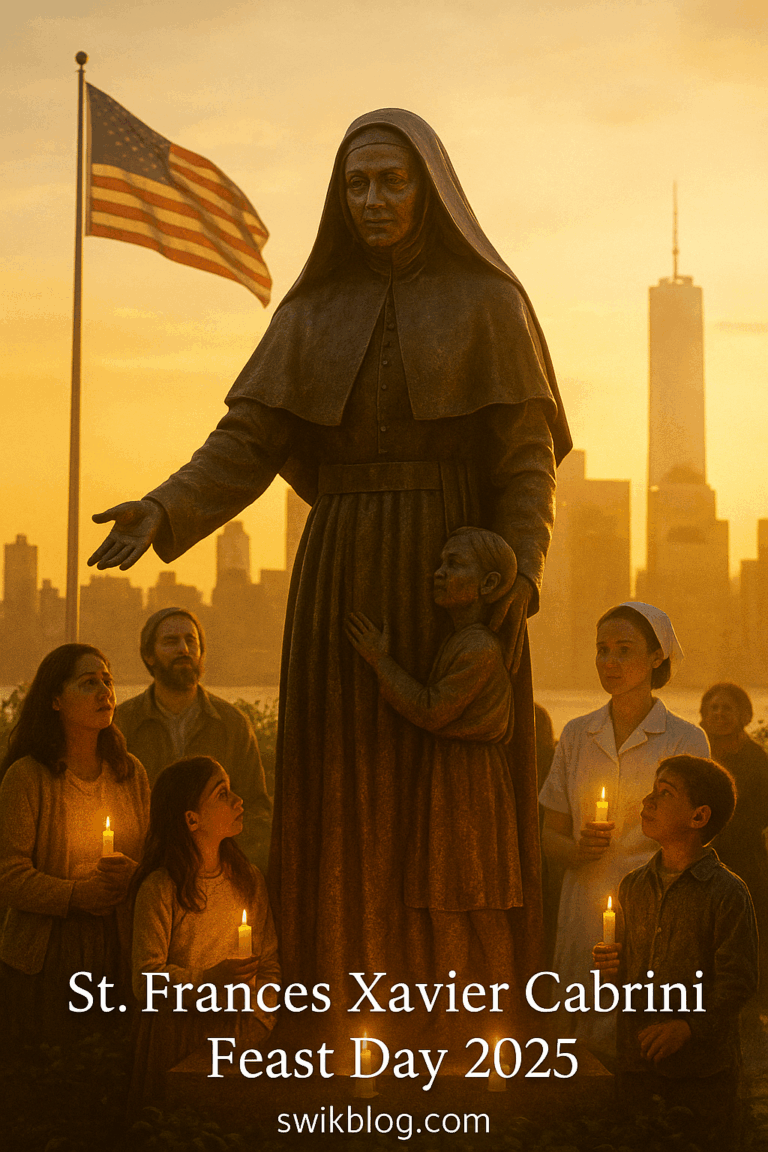 Statue of St. Frances Xavier Cabrini illuminated at sunrise with American flag and people honoring her Feast Day 2025.