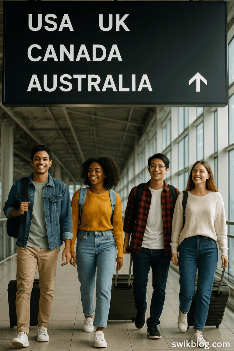International students at airport with signs for US UK Canada Australia – Study Abroad Visa Rules 2025-swikblog.com