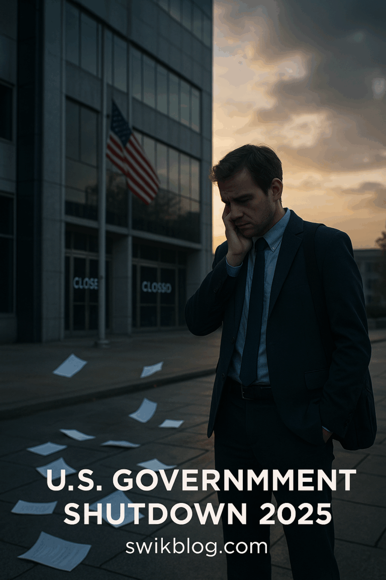 Emotional editorial photo showing a U.S. federal worker outside a closed government building during the 2025 shutdown, symbolizing halted services and growing public concern