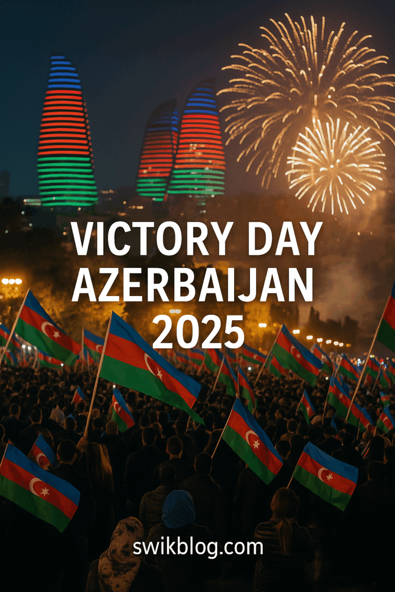 Azerbaijani citizens celebrating Victory Day 2025 with flags and fireworks in Baku.