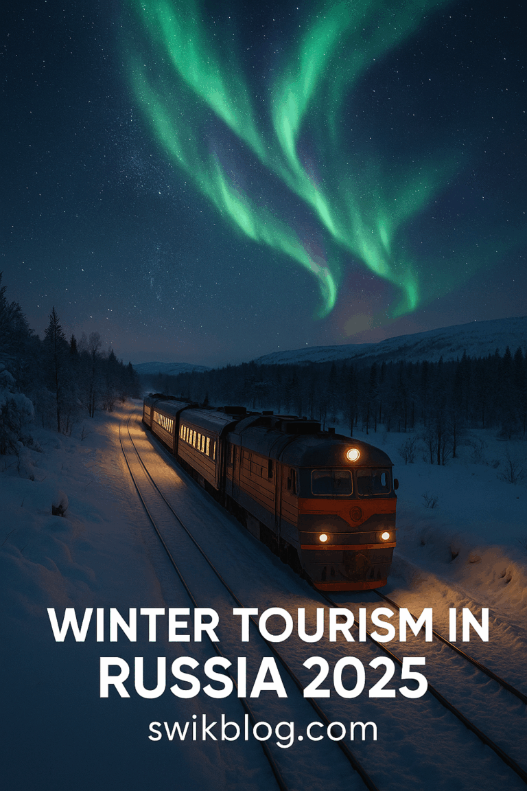 Aurora Borealis glowing above a moving Arctic train in Murmansk, Russia during winter 2025, symbolizing Arctic tourism and adventure – swikblog.com.
