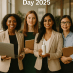 “Diverse group of confident women entrepreneurs standing together in a bright modern office, holding laptops, notebooks and product prototypes, for Women’s Entrepreneurship Day 2025 with swikblog.com branding.”