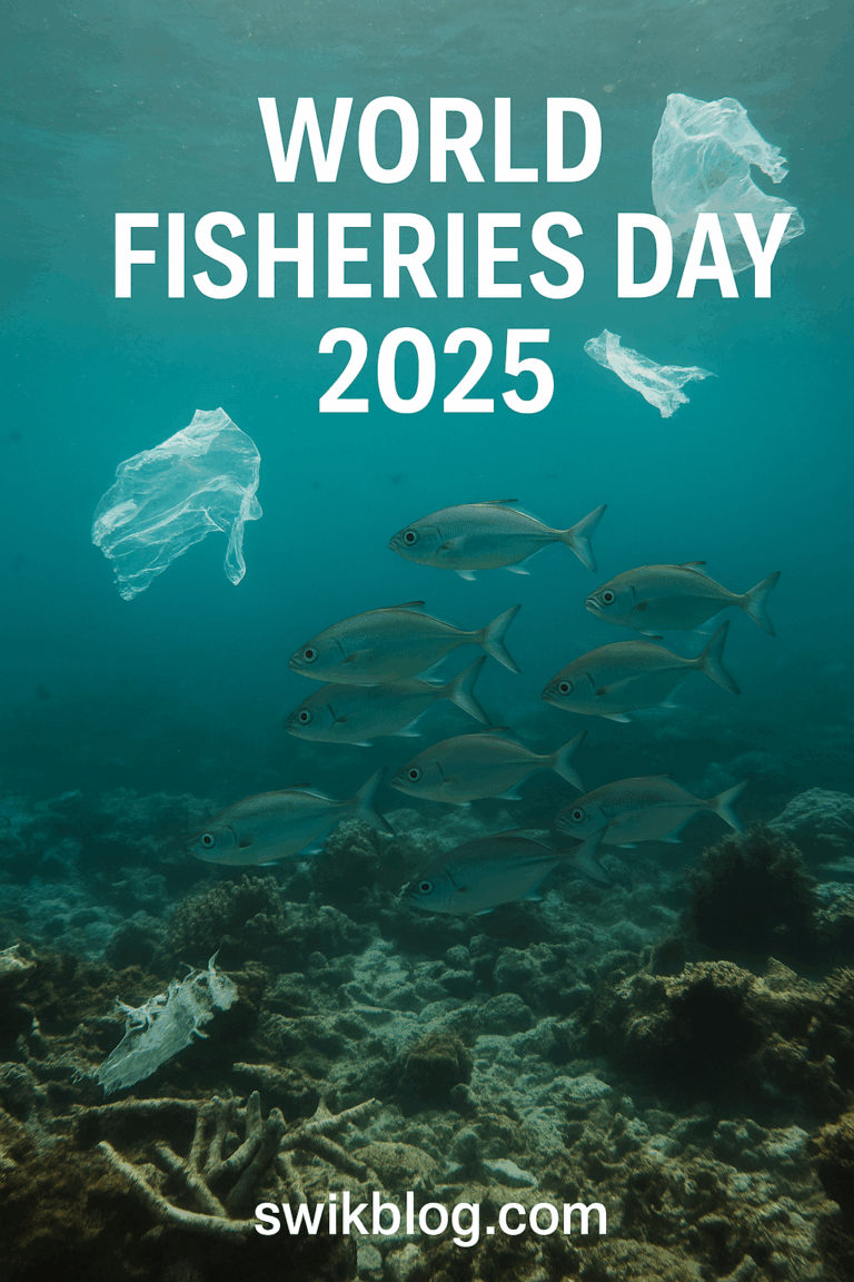 Distressed underwater scene showing fish swimming through plastic pollution and damaged coral, with text World Fisheries Day 2025 and swikblog.com watermark.