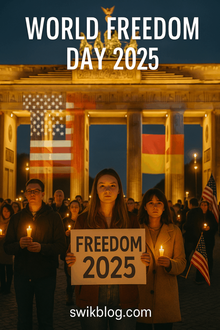 People gather at Berlin’s Brandenburg Gate and Washington monuments to celebrate World Freedom Day 2025 with candles and flags.