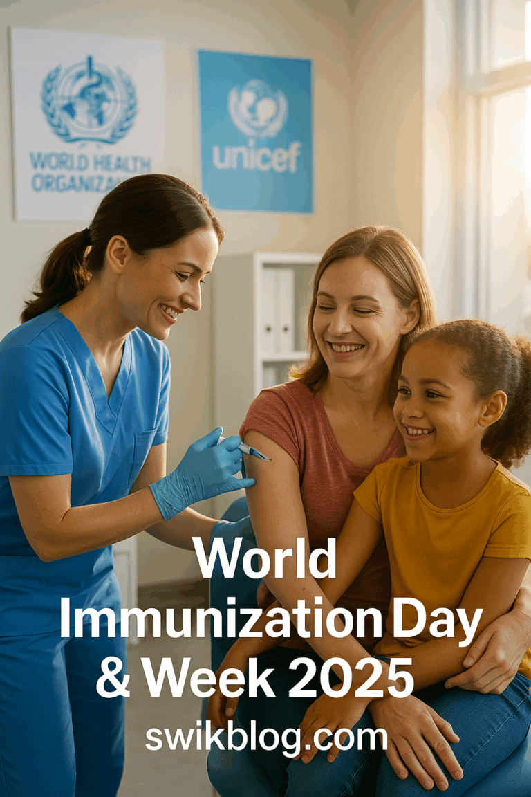 Healthcare worker vaccinating a smiling woman and child in a bright clinic with WHO and UNICEF posters – World Immunization Day & Week 2025.