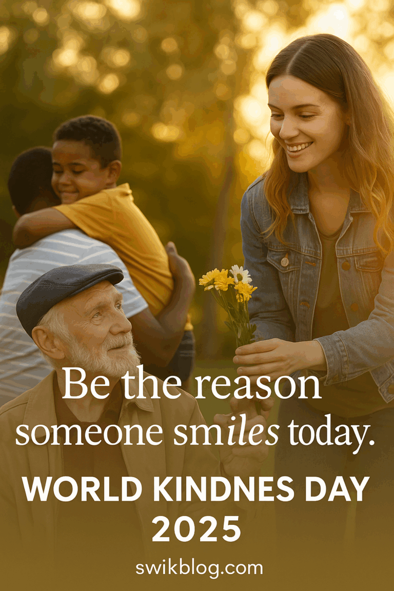 People from different backgrounds performing small acts of kindness under golden sunlight to celebrate World Kindness Day 2025.