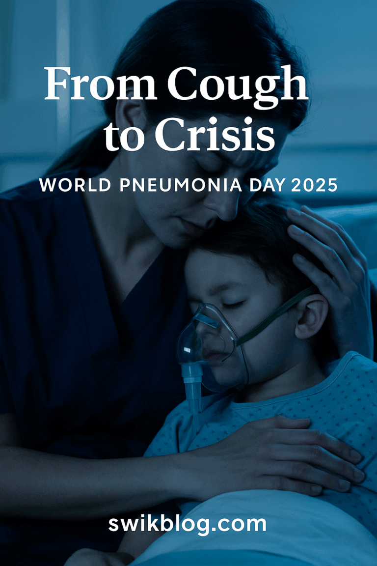 A nurse gently comforting a child receiving oxygen therapy in a softly lit hospital room, with calm blue lighting and text reading “From Cough to Crisis – World Pneumonia Day 2025 – swikblog.com.