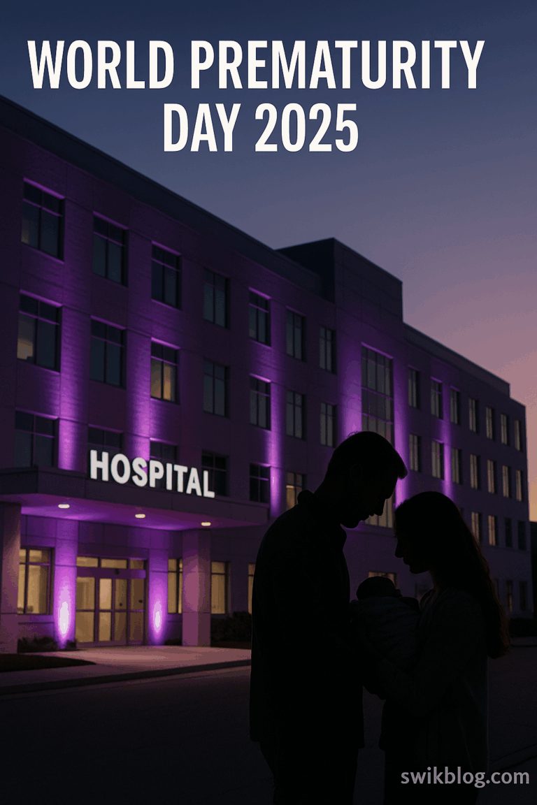 Hospital glowing with purple lights for World Prematurity Day 2025 with parents holding a newborn in silhouette.